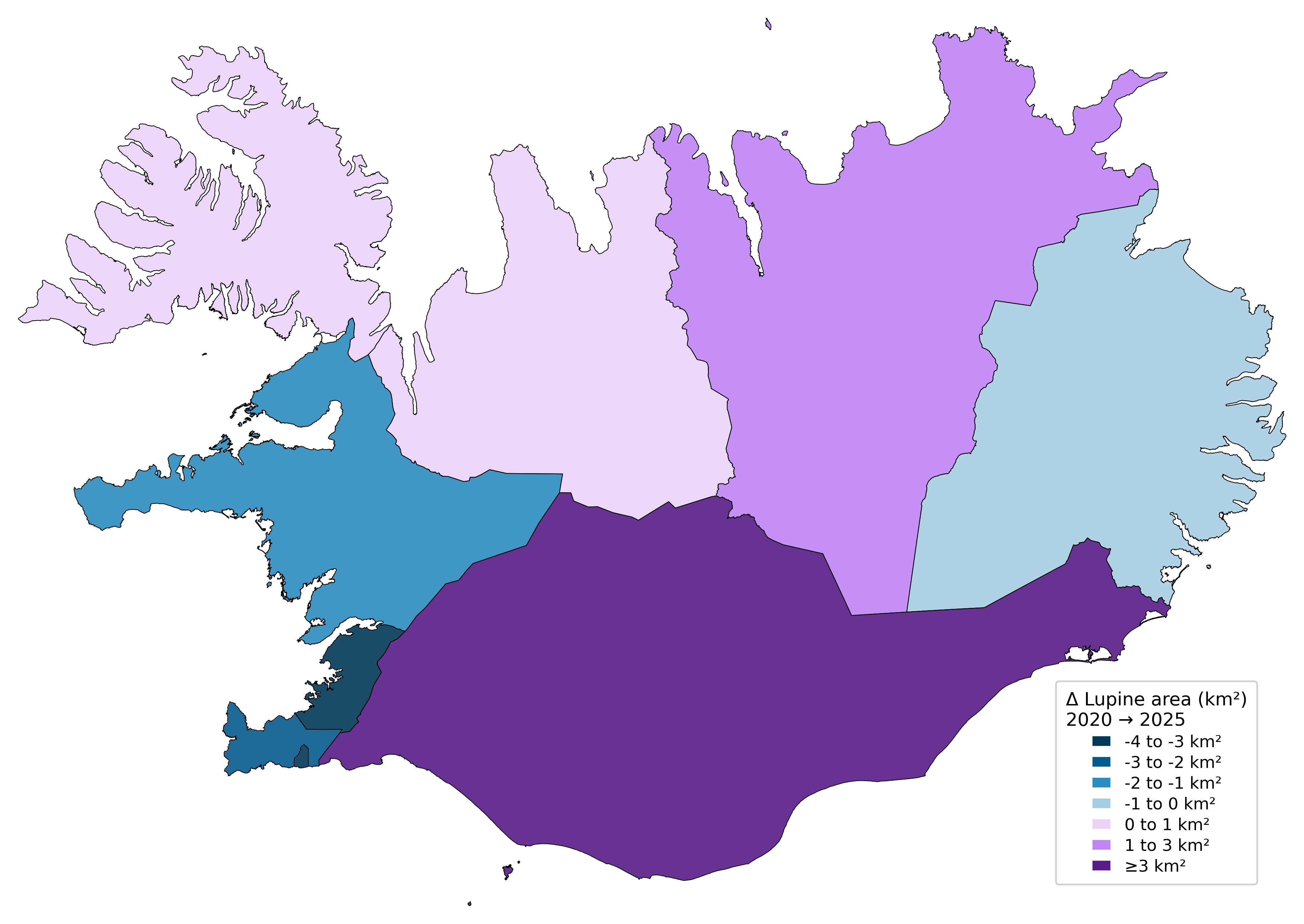 Kort sem sýnir breytingu á lúpínuþekju (km²) eftir landshlutum, 2020 til 2025